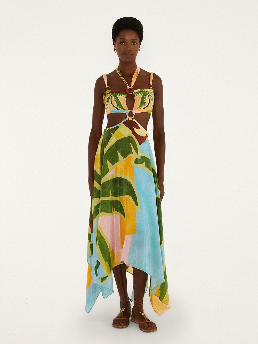 FARM RIO Multicolor Tropical Painting Cut-Out Buckles Maxi Dress